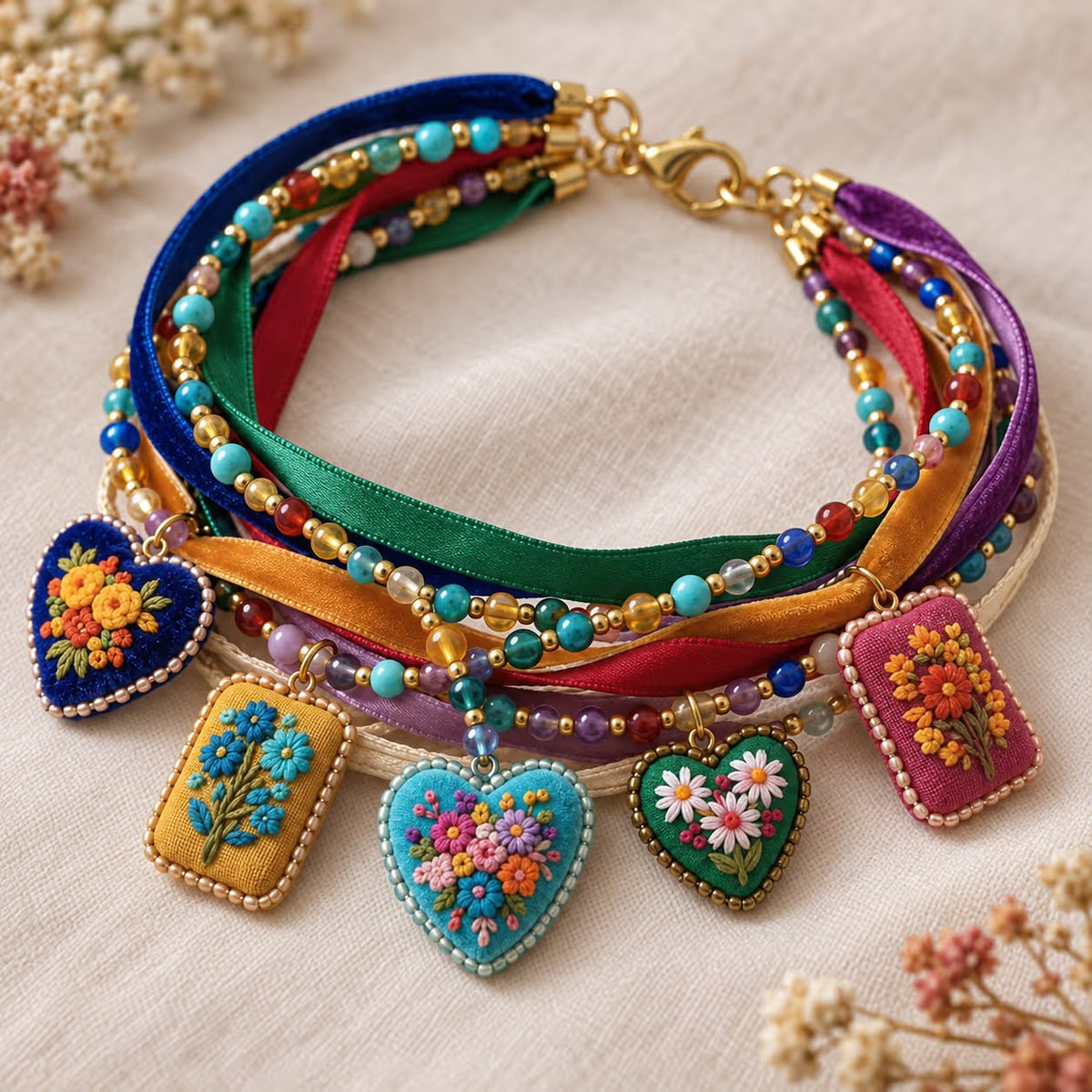Bracelet brodé — motif Fleurs sauvages bohèmes