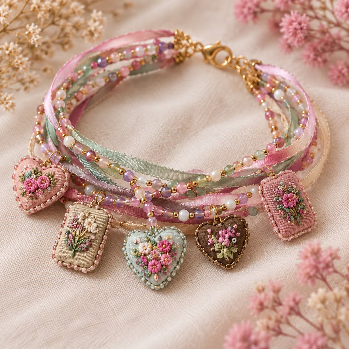 Bracelet brodé — motif Jardin rose