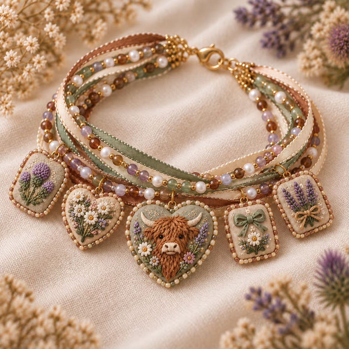 Bracelet brodé — motif Vache des Highlands